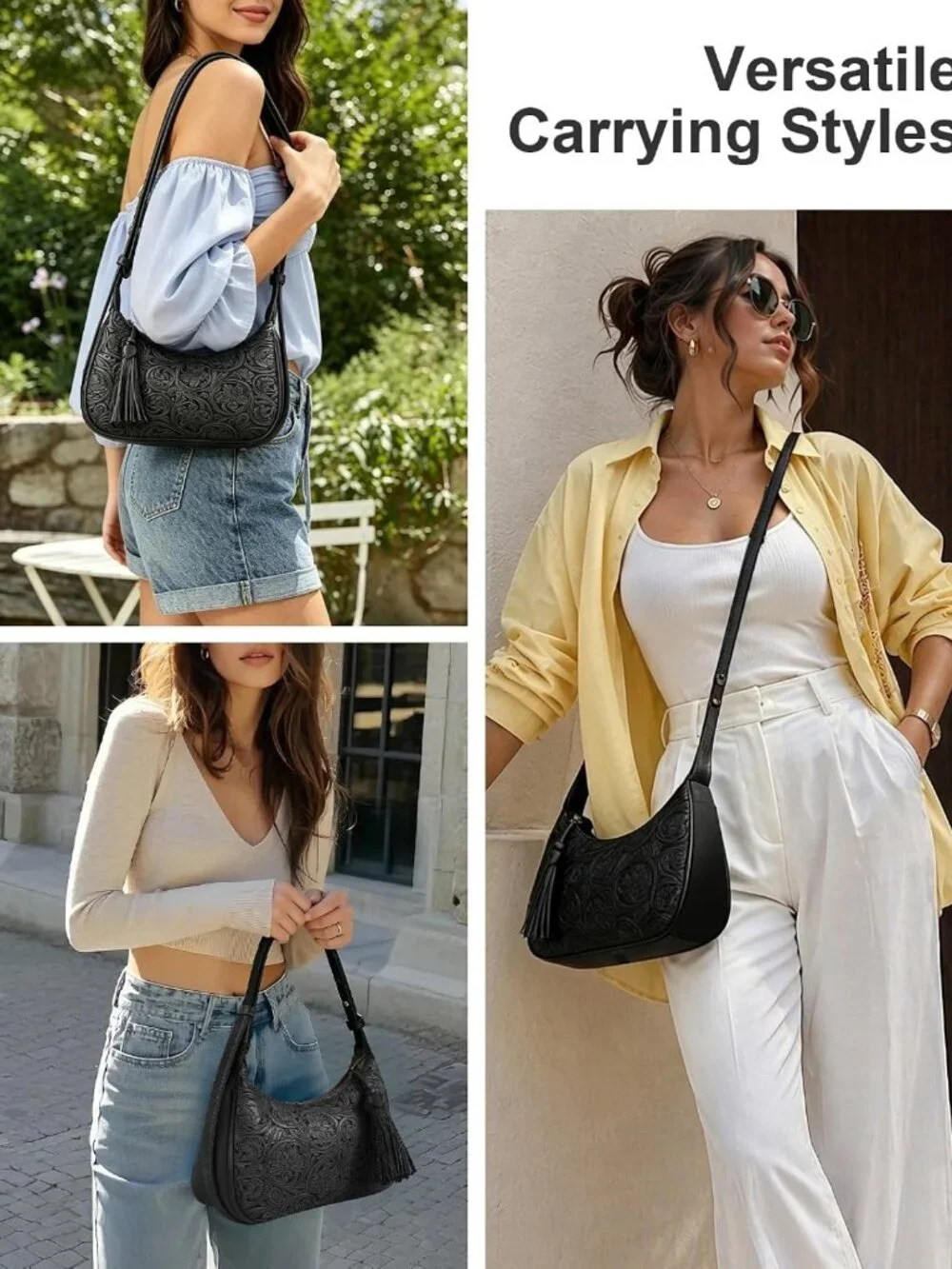 Vintage Floral Embossed Hobo Bag | Retro Vegan Leather Crossbody Purse with